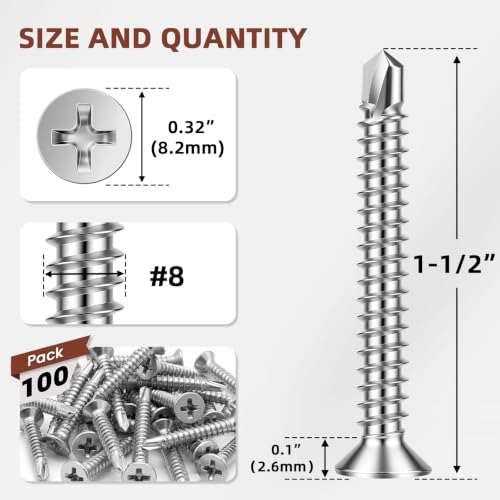 Mellewell #8 x 1-1/2" Flat Head Sheet Metal Screws, 100 PCS - color: Silver, size: #8 x 1-1/2"