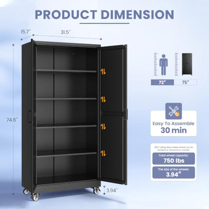 75"Metal Garage Storage Cabinets with Wheels & Adjustable 4 Shelves - color: Black, size: 74.5"H x 31.5"W x 15.7"D - B