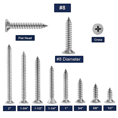 #8 x 1 Wood Screw 100Pcs 18-8 (304) Stainless Steel Screws Flat Head Phillips Fast Self Tapping Drywall Screws by SG TZH - size: #8 x 1"