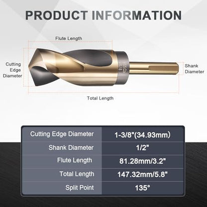uxcell 1-3/8" Drill Bit 1/2" Reduced Shank 3-Flat M35 5% Cobalt HSS - size: 1-3/8" with 1/2" Shank