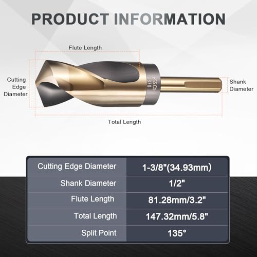 uxcell 1-3/8" Drill Bit 1/2" Reduced Shank 3-Flat M35 5% Cobalt HSS - size: 1-3/8" with 1/2" Shank