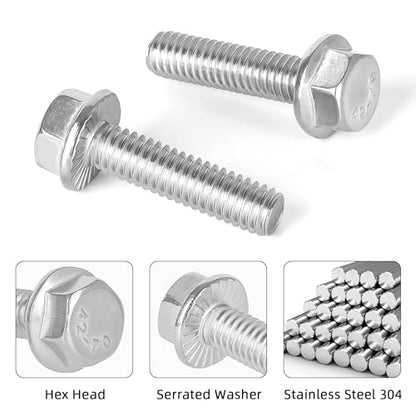 1/4-20 x 2 (15 PCS) Flanged Hex Head Bolts, Flange Washer Head Hexagon Screws, 18-8 Stainless Steel (304), Plain Finish, Full Thread - size: 1/4-20 x 2"