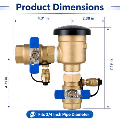 3/4 Inch Backflow Preventer, Brass Pressure Vacuum Breaker Assembly, 400 PSI Sprinkler Backflow Valve for Lawn Irrigation, Garden Water Lines and Outdoor Anti-Siphon Protection - size: 3/4 Inch