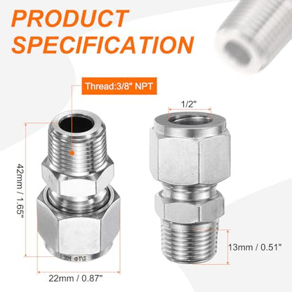 HARFINGTON 2pcs Compression Fitting 1/2" Tube OD x 3/8" NPT Male Thread Stainless Steel Straight Coupler Adapter Compression Tube Pipe Fitting Connector for Oil Gas Water - size: 1/2" OD x 3/8" NPT