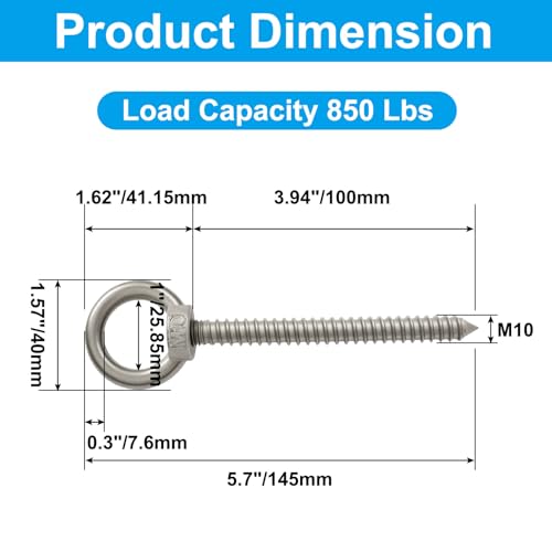 4pcs Heavy Duty Screw Eye Hooks M10-5.7 Inch Self Tapping Stainless Steel Eyelet Screw with 850 LBS Load Capacity for Hanging, Hammock & Swing Chair - size: 5.7 Inch