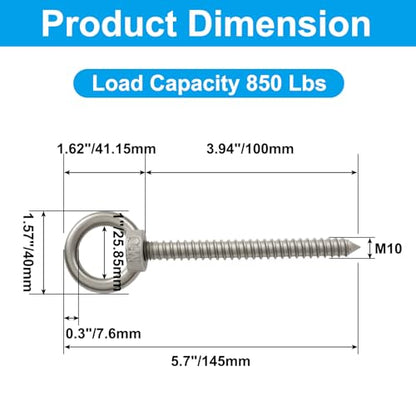 4pcs Heavy Duty Screw Eye Hooks M10-5.7 Inch Self Tapping Stainless Steel Eyelet Screw with 850 LBS Load Capacity for Hanging, Hammock & Swing Chair - size: 5.7 Inch