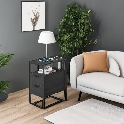 VASAGLE Side End Table with Charging Station, Slim Nightstand with Storage - color: Charcoal Gray + Ink Black, size: 23.6"D x 13.8"W