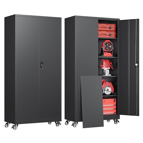 Metal Garage Storage Cabinets with Wheels, Rolling Tool Cabinet with Lock, Locking Garage Caninet on Wheels with Shelves, Steel 2 Door Tall Tool Cabnets for Workshop/Home/Office - (Black 75”H) - color: Black, size: 75"H
