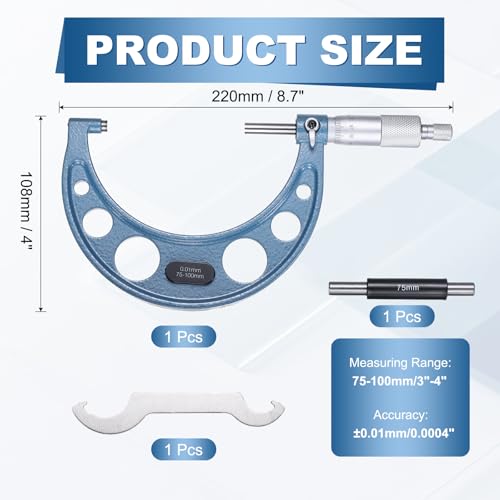 HARFINGTON Metric Outside Micrometer 75-100mm Range +/-0.01mm Accuracy,Blue - size: 75-100mm