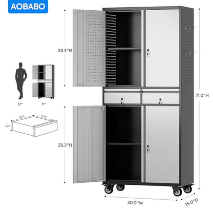 Aobabo Metal Garage Cabinet with 2 Drawers, Wheels & Pegboard, Black Silver - color: Black Silver, size: 15.1"D x 30"W x 71"H