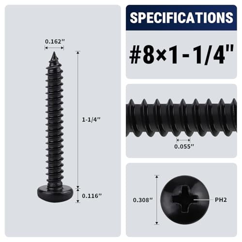 #8 x 1-1/4" (50 Pack) Stainless Steel Pan Head Self Tapping Screws, 304 SS (18-8) Black Coated, Phillips Drive Round Head Corrosion Resistant Screws for Wood & Sheet Metal - size: #8 x 1-1/4"