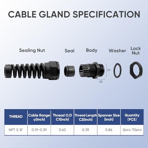 Strain Relief Cord Connector,LISTENJIALE 2Pcs NPT 3/8" Waterproof Cable Gland Flex Spiral Strain Relief Adjustable 5-10mm Cable Connector Nylon Joint with Gaskets(Black) - color: Black, size: NPT 3/8" (2-Pack)