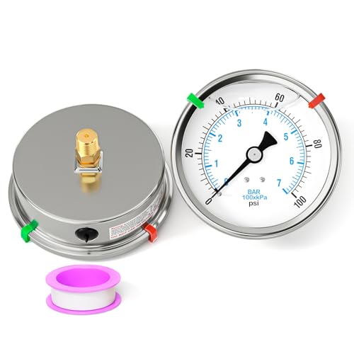 0-100PSI Stainless Steel Liquid Filled Pressure Gauge, 4" Dial Size, 1/4" NPT Back Mount, for Tube, Water Pump, Gas, Liquid, Pressure Test (with Range Mark Pointer) - size: 0-100 psi