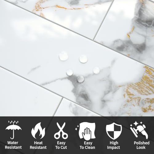 AULIGET 40-Piece Polished White Marble with Gold Peel and Stick Backsplash Wall Tiles, 3" x 12" PVC Faux Stone Stick on Tiles for Backsplash Kitchen, Bathroom, Laundry Room, Camper, Fireplace - color: Polished White Marble & Gold, size: 40 Pieces, 3"x12"x