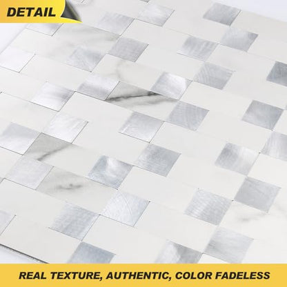 Yipscazo Peel and Stick Backsplash Tile, Stick on Stainless Steel Backsplash Metal Tiles for Kitchen Walls in Marble White Mixed Silver Metal (12''x12'',10 Sheets) - color: Marble White mixed Silver Metal