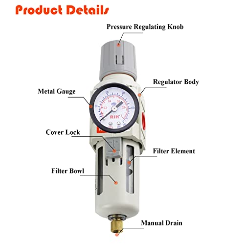 RIH Pneumatics 1/2"NPT Air Filter Pressure Regulator Combo Piggyback, 5 Micron Brass Element, Poly Bowl, Semi-Auto Drain, Metal Bracket, 0-150 psi Gauge Air Tool Compressor Filter with Gauge (1/2"NPT) - size: 1/2"NPT