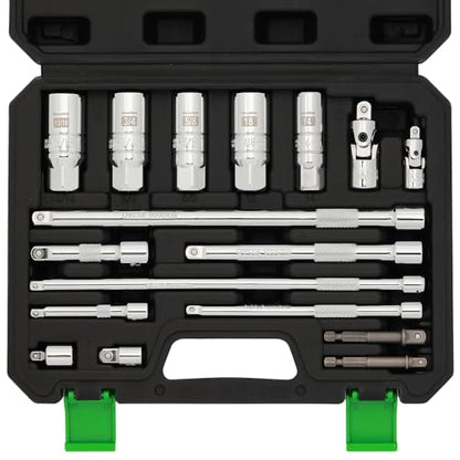 TecoTek 17-Pieces Drive Tool Accessory Set, Spark Plug Socket Set, Includes 1/4" & 3/8” Drive Extension Bar, Socket Adapter, Universal Joints, Spark Plug Sockets, Professional Socket Accessories, Cr-V - size: 17PCS Drive Tool Accessory Set