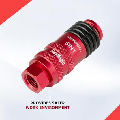RayMagic Upgraded 5IN1 Universal Quick Industrial Connect Coupler, 1/4" Female NPT, Air Hose Fittings, 6-Balls Release Sleeve, 1/4" Body Size, Red(1-Piece) - style: 1-PIECE