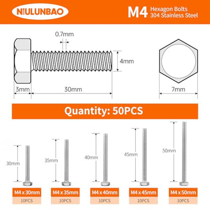M4 x 30mm 35mm 40mm 45mm 50mm Heavy Duty Hexagon Bolts Hex Head Screws, 304 Stainless Steel, Metric Machine Fully Threaded, Bright Finish, Assortment Kit 50PCS - size: M4 x 30/35/40/45/50mm (50PCS)