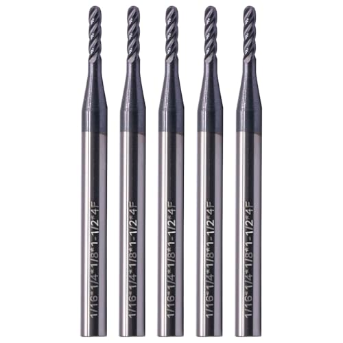 5Pcs 1/16" 4 Flute Solid Carbide Ball Nose End Mills - AlTiN Coated - size: 1/16 in