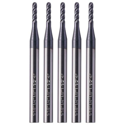5Pcs 1/16" 4 Flute Solid Carbide Ball Nose End Mills - AlTiN Coated - size: 1/16 in