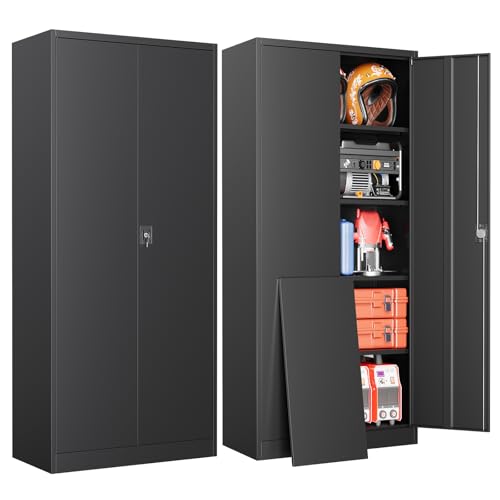Metal Storage Cabinet with Lock,71" Black Garage Cabinet with 2 Doors and 4 Adjustable Shelves, Steel Locking Cabinets Tall Tool Storage Cabinet, Lockable File Cabinet for Home Office, Pantry - color: Black, size: 71"H x 32"W x 16"D