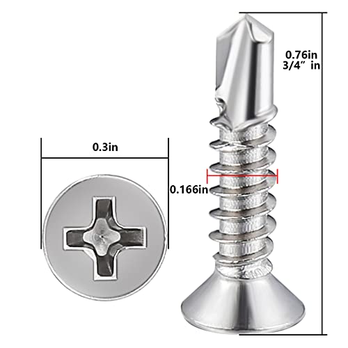 Wensilon（400pcs）#8×3/4”for Sheet Metal Self-Tapping Screws 410 Stainless Steel Flat Head High-Strength Quick self-Drilling Screws - color: Silver, size: #8X3/4"