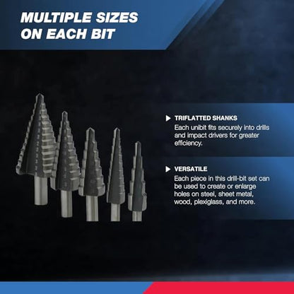 NEIKO 10198A Step Drill Bit Set | 5 Piece, 4mm- 35mm | Metric Titanium High Speed Steel Unibit, Stepper Cone Drill Bit | Two Flute Step Down Bits, 135 Degree Point - size: 5pc (5/32 - 1-3/8", 44S), style: Straight