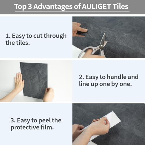 AULIGET 40-Piece Black Slate Peel and Stick Backsplash Wall Tiles, 3" x 12" PVC Faux Stone Stick on Tiles for Backsplash Kitchen, Bathroom, Laundry Room, Camper, Fireplace - color: Black Slate, size: 40 Pieces, 3"x12"x0.12"