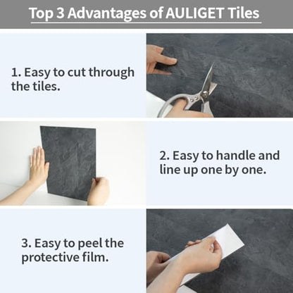 AULIGET 40-Piece Black Slate Peel and Stick Backsplash Wall Tiles, 3" x 12" PVC Faux Stone Stick on Tiles for Backsplash Kitchen, Bathroom, Laundry Room, Camper, Fireplace - color: Black Slate, size: 40 Pieces, 3"x12"x0.12"