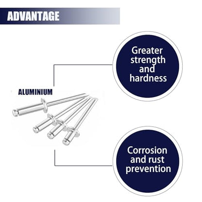 Blind Rivets Assortment Kit, 1000 Pcs, Aluminum Pop Rivets, 1/8" 4 Sizes
