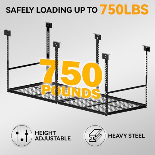 3x8 Ft Overhead Garage Storage Rack, 28-41 inch Height Adjustable Ceiling Mounted Organization Rack, 750 lbs Weight Capacity, 36"x96" Metal Rack for Garage Storage with Wire Decking - size: 3x8ft w/ Wire Decking