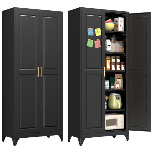 Polup 75" Pantry Cabinet, Tall Metal Storage Cabinet with Doors and Shelves - color: Black, size: 75"H with No Drawers