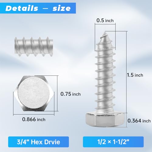 Glvaner (8 pcs) 1/2" x 1-1/2" Stainless Steel Hex Head Lag Bolts, Hexagonal Head Lag Screws, 304 Stainless Steel 18-8, Secure Hold for Wood - size: 1/2 x 1-1/2"