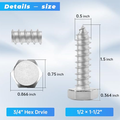 Glvaner (8 pcs) 1/2" x 1-1/2" Stainless Steel Hex Head Lag Bolts, Hexagonal Head Lag Screws, 304 Stainless Steel 18-8, Secure Hold for Wood - size: 1/2 x 1-1/2"
