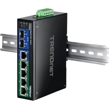 TRENDnet 7-Port Industrial Gigabit PoE+ DIN-Rail Switch, TI-PG62B - style: 6 port PoE Switch w/ Boost Voltage