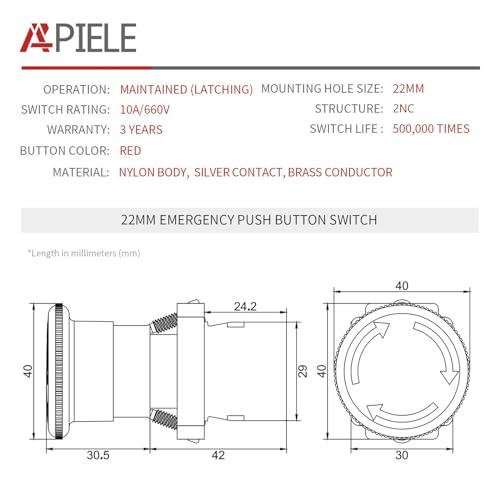 APIELE 22mm 2NC Red Mushroom Emergency Stop Push Button Switch 600V 10 Amp XB2-02ZS - style: XB2-02ZS