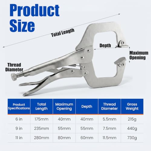 3 Pcs Locking C Clamp Set, C-Clamp Locking Pliers, 6 Inch, 9 Inch, 11 Inch, Heavy Duty Vise Grip with Swivel Pads Metal Tools Welding Clamps for Woodworking, Home, Metalworking, Auto Repair