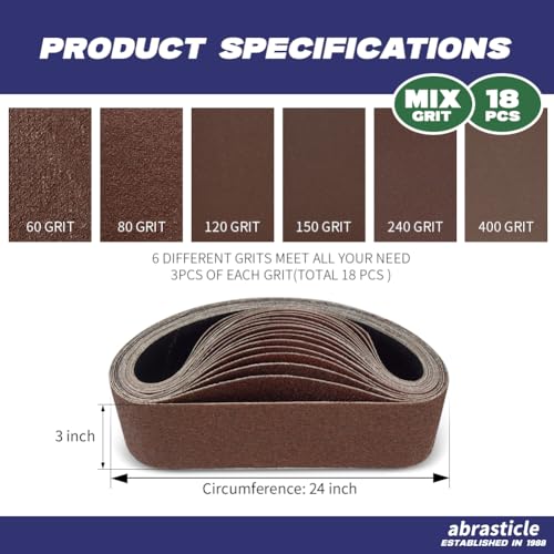 18 Pcs 3 x 24 Inch Assorted Aluminum Oxide Sanding Belt - 60/80/120/150/240/400 Grit - size: 3x24(18pcs)