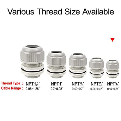 LeMotech 20 Pack NPT 1/4" Cable Glands Waterproof Adjustable 4-8mm Cable Connectors Grey Nylon Joints with Gaskets - color: Grey, size: 1/4inch 20-pack