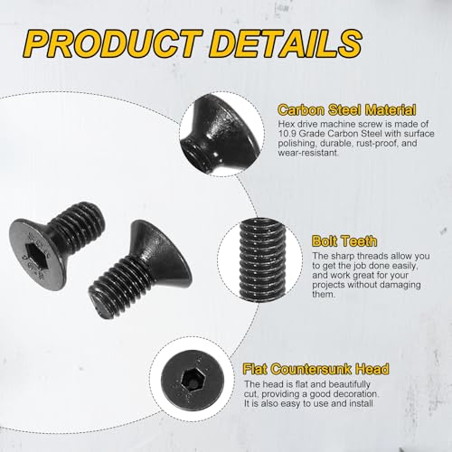PATIKIL M5x10mm Flat Head Socket Cap Screws Carbon Steel Hex Spanner 100Pcs - size: M5x10 mm