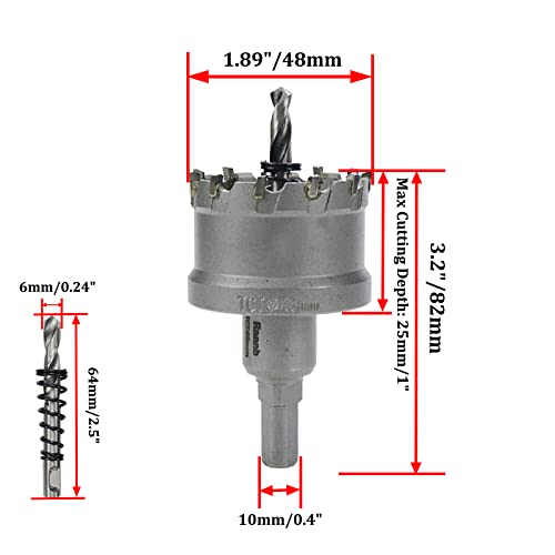 Carbide Tipped Hole Saw Drill Bit 1.89"/48mm Cutting Dia Hole Saw Cutter for Metal - size: 1.89"/48mm