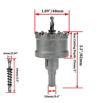 Carbide Tipped Hole Saw Drill Bit 1.89"/48mm Cutting Dia Hole Saw Cutter for Metal - size: 1.89"/48mm
