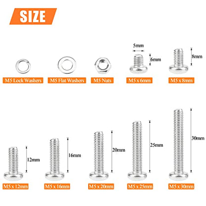 HELIFOUNER 210 Pieces M5 x 6mm /8mm /12mm /16mm /20mm /25mm /30mm, Phillips Pan Head Machine Screws, Metric Screws Bolts Washers Nuts Kit, 304 Stainless Steel - size: M5, style: Phillips Pan Head Machine Screws