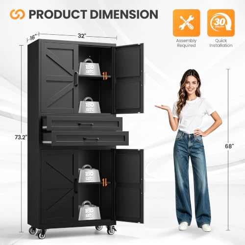 73" Tall Wheeled Garage Cabinet with 2 Drawer, Black Rolling Cabinets - color: Black, size: 73.2"H x 32"W x 16"D