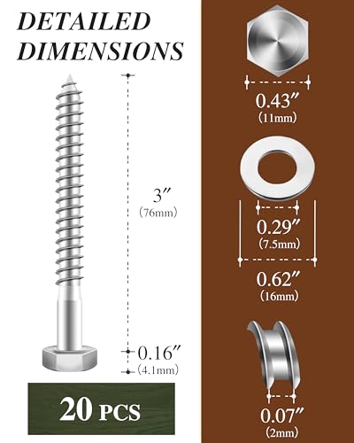 (1Box) 1/4" x 3" Hex Head Lag Screws Bolts with Flat Washers, 20Sets 304 Stainless Steel 18-8 Heavy Duty 1/4 Lag Bolts for Wood with Hex Socket - size: 1/4" x 3", style: 1-Box
