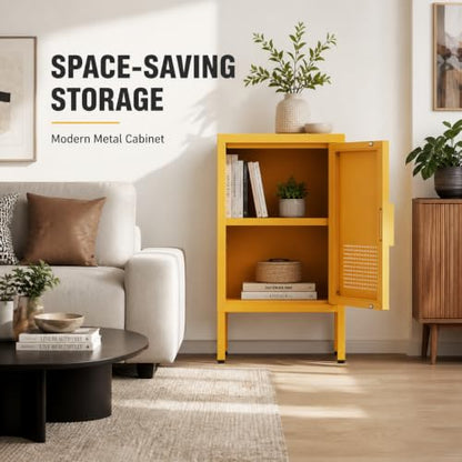 Single Door Metal Coffee Table Adjustable Easy to Assemble Living Room 2-Tier Side Table for Storing Mobile Phones and Books Children's Bedside Table Yellow 24" H X 13.8" W X 15" D - color: Mustard, style: End Table-24"H-BG
