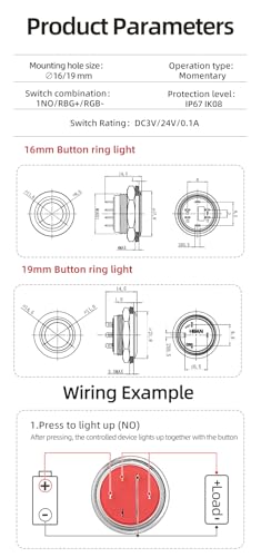 16mm Momentary Push Button Switch, IP67 Waterproof Stainless Steel, 1NO SPDT 5A 250VAC, 12V-24V LED Tri-Color RGB, Pre-Wired Socket Plug for Car Marine Boat Industrial Control (16mm, 3V RGB+) - style: stainless steel 16mm 3V RGB+
