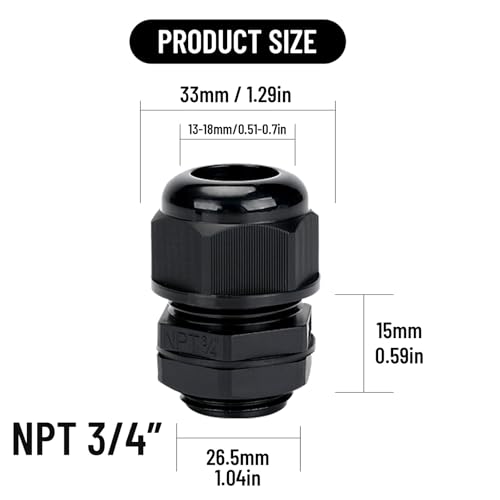 Cable Glands 20 pcs NPT3/4'' Cable Gland Waterproof joints, Adjustable Black Waterproof Cable Connectors Plastic 4 cable glands and Gaskets in PP Box