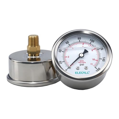 160psi Silicone Oil Pressure Gauge for Water Oil Air Pressure Test in Water Pump, Tire, Large Air Compressor, Well Pump, RV Regulator, 2-1/2" Stainless Steel Case, Back Mount 1/4" NPT - size: 0-160 Psi, style: Back Mount